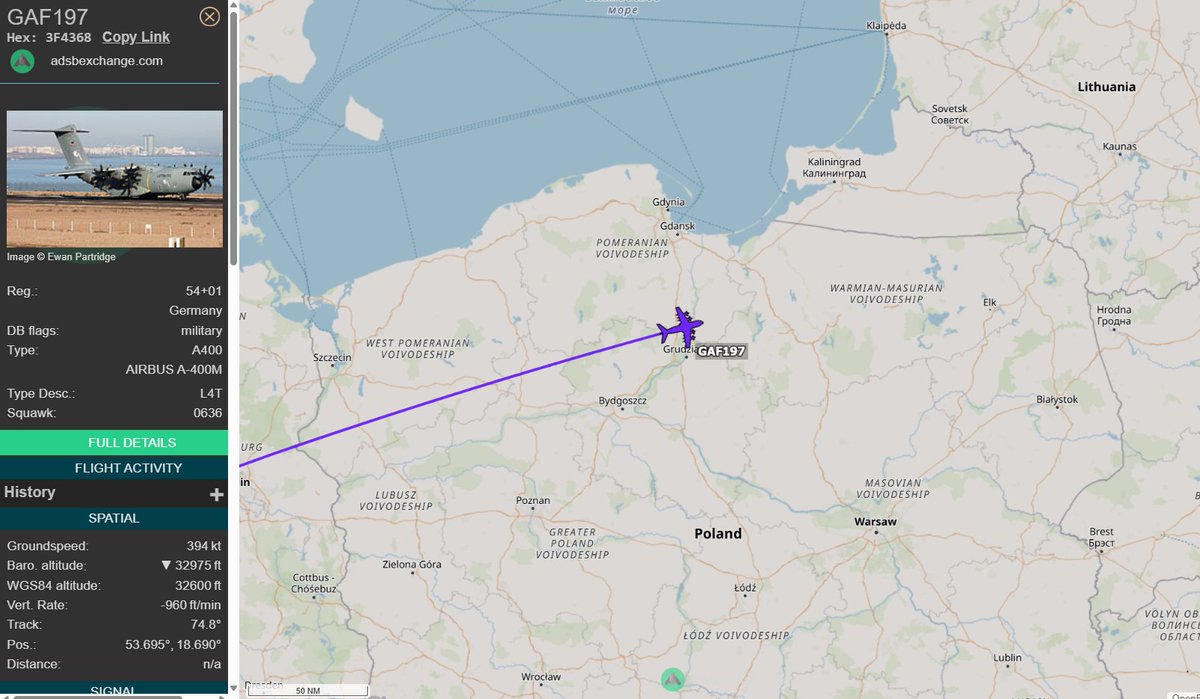 PolishMilRadar's tweet photo. ๐
02.03 ๐ 08:34LT - ๐ฉ๐ชโ๏ธ A400M tranzytem ๐ฑ๐น
๐ฉ๐ช Siลy Powietrzne Niemiec
โ๏ธ Airbus A400M Atlas "54+01"
๐ซ Kolonia Bonn #EDDK ๐ฉ๐ช
๐ฌ Kowno #EYKA ๐ฑ๐น
#GAF197 leci na FL330
๐ https://t.co/Itfxg4cEuy
#POLMILRADAR https://t.co/HAzJPTvtQO