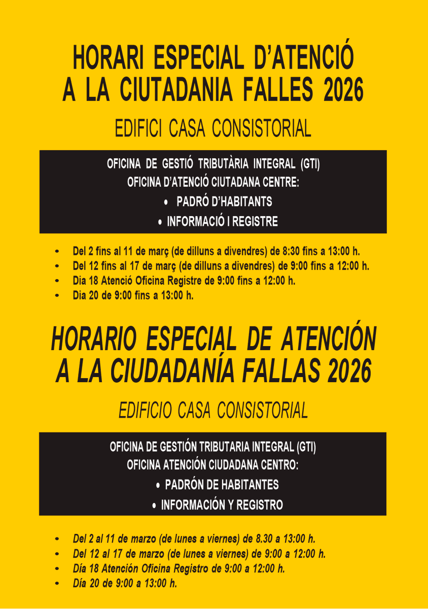 AjuntamentVLC's tweet image. ⚠️ #Avís: Amb motiu dels actes de les #Falles26, fins al 20 de març 🗓️, hi ha un horari especial d'atenció i informació presencial a la ciutadania al edifici municipal de la Casa Consistorial 📍.
 
Disculpeu les molèsties!