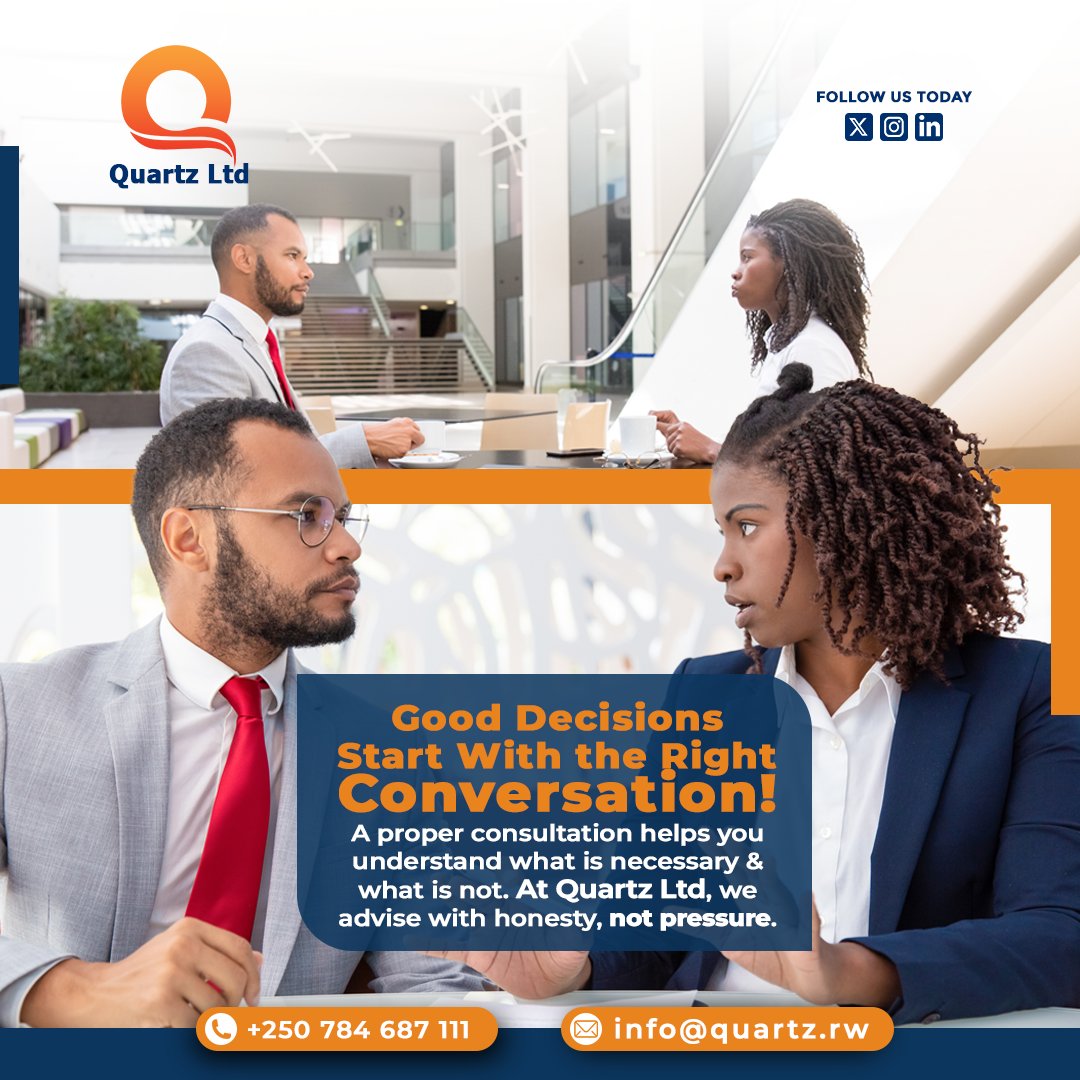 quartz_rw's tweet photo. Good decisions start with the right conversation! 🤝 At Quartz Ltd, we provide honest consultations to help you understand exactly what you need no pressure, just professional advice.

Get in touch today: 📞 +250 784 687 111 📧 info@quartz.rw
#QuartzLtd #ProfessionalAdvice https://t.co/hDEvQeZyvH