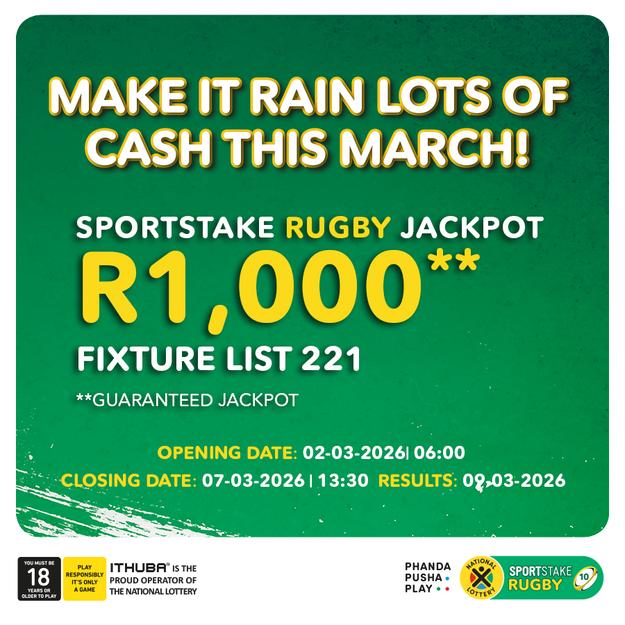sa_lottery26's tweet photo. Here are the #SPORTSTAKE RUGBY #FixtureResults, #Dividends for list 220 & #Fixturelist 221 with a GUARANTEED Jackpot of R1,000.
Congratulations to the winner of R1000. You are #InjaYeGame.
Players must be 18 years or older, play responsibly. https://t.co/VCbCKB7SBr
