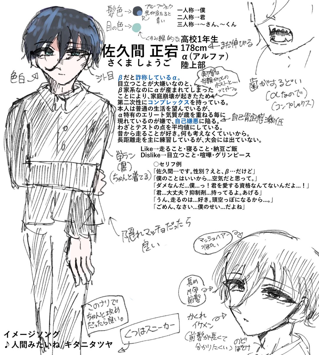 誰デザ答え合わせしていいそうなのでキャラシだけ公開しておきます！
私が作った子は正宕くんでした！！！なんか 意外とみんな当ててくれてて嬉しいよくろやは
ジト目はいずれ世界を救うって1億年前から言ってるからね。りんごさんがかわいく描いてくれてちょ〜嬉しいです💖ありがとうございました！