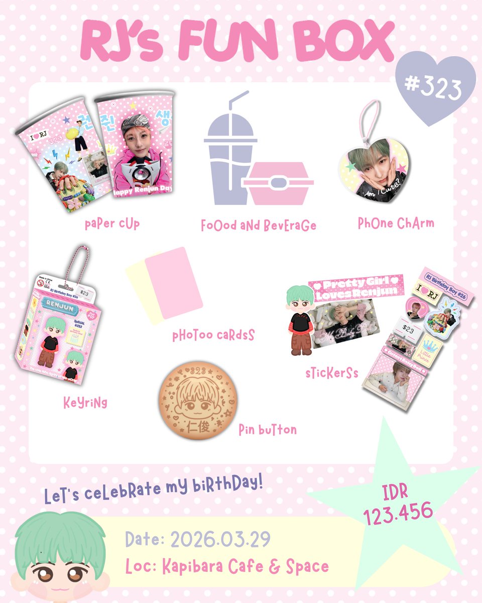 ˚. ᵎᵎ ²⁰²⁶ ReNjUn birThDay cAfe EvenT ⸜(｡˃ ᵕ ˂ )⸝♡

𐔌   .  ⋮ Rj’s fUn BoX🤪.ᐟ  ֹ   ₊ ꒱

📍Kapibara Cafe &amp; Space, Jakarta Selatan
🗓️ Sun, 29 March 2026
⏰ 12.00 - 4.00 PM

Rsvp link⭑.ᐟ
🔗 forms.gle/8U75ybAqvp7hNT…

The registration link will open on Tuesday, March 3