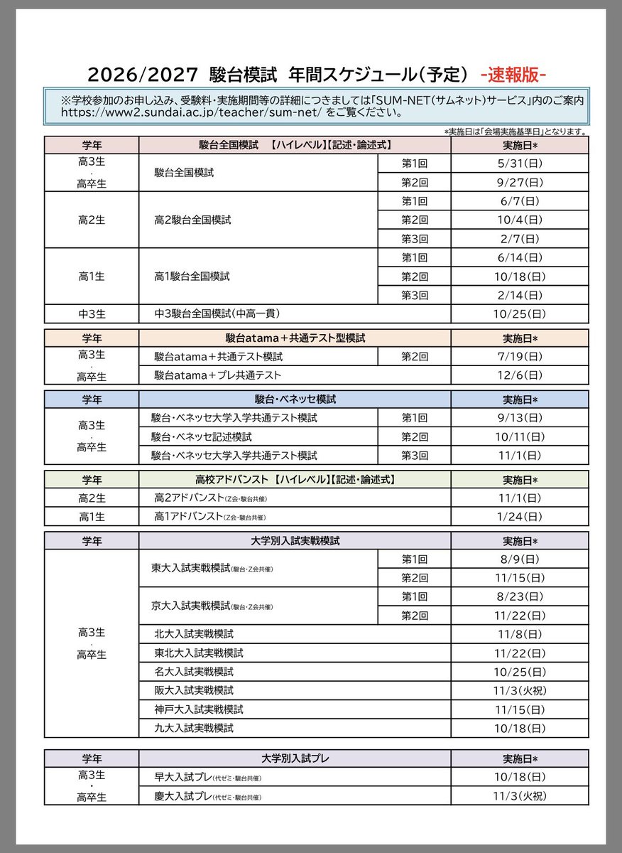 河合塾と駿台予備学校の2026年度の模試日程がついに公開❗️🤡 来年も