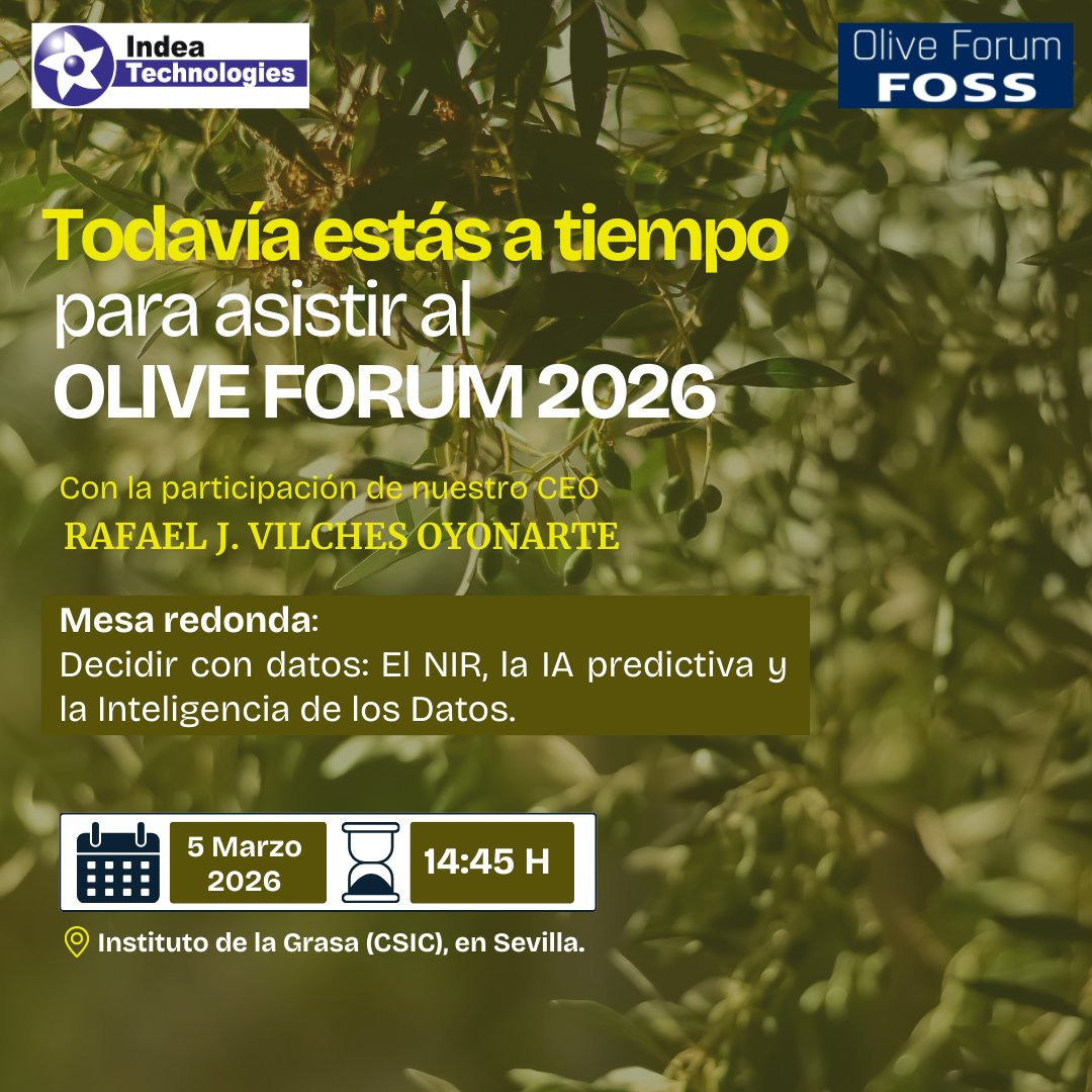 IndeaTech's tweet photo. Todavía estás a tiempo para asistir al Olive Forum 2026. Destacados expertos y profesionales del sector 🫒 se reunirán para debatir sobre los desafíos y oportunidades más relevantes del momento.
Inscríbete 👉https://t.co/XnrmvF7GZ6
#OliveForum2026 #AOVE #IndeaTech https://t.co/u0mlQ8pEhW