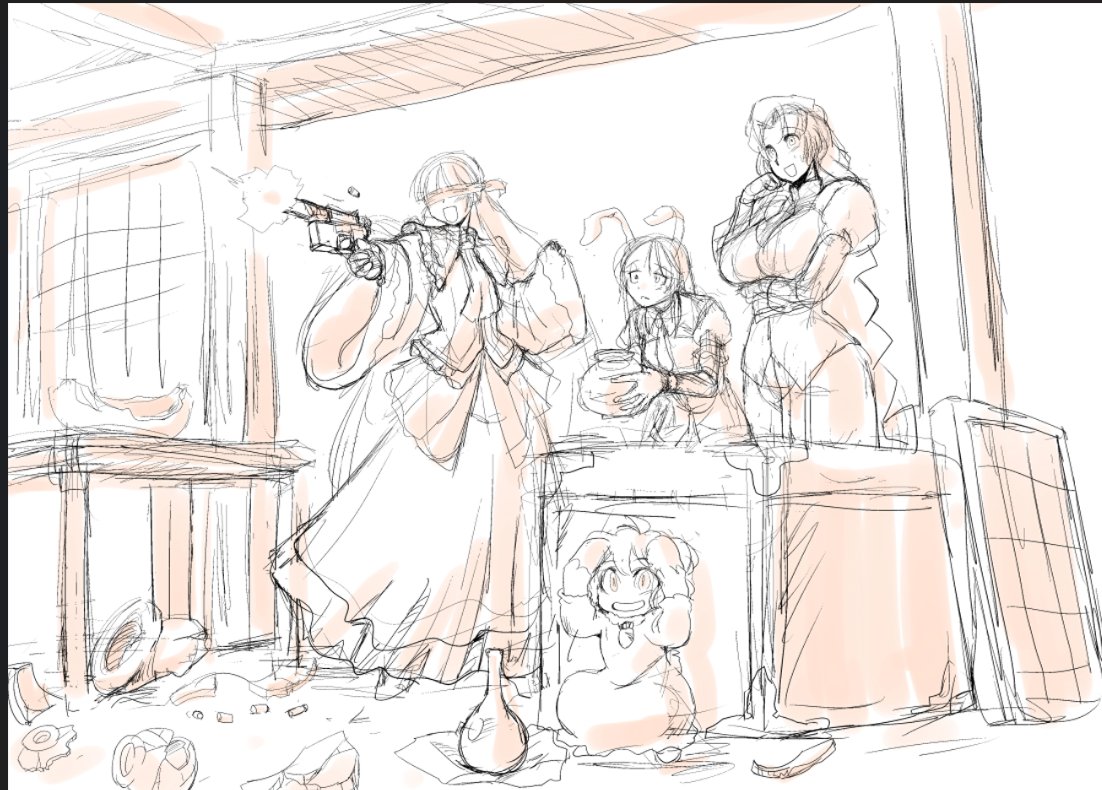 12年(!)前の永夜絵ばっかり描いてた頃のやつ たしか輝夜姫さまが蔵にたまったガラクタを処分しちゃいましょうあら何これ鉄砲があるわ丁度いいから遊んでしまいましょうみたいなシチュエーションだったと思う かなりちゃんと描けてる気がするので供養 