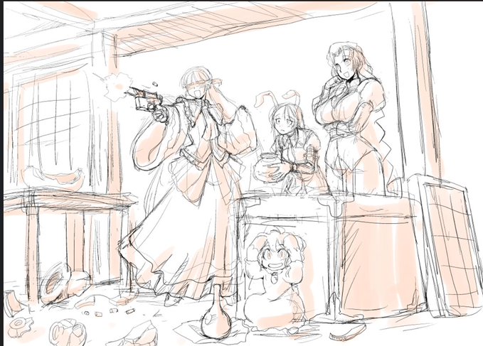 12年(!)前の永夜絵ばっかり描いてた頃のやつ たしか輝夜姫さまが蔵にたまったガラクタを処分しちゃいましょうあら何これ鉄砲があるわ丁度いいから遊んでしまいましょうみたいなシチュエーションだったと思う かなりちゃんと描けてる気がするので供養 