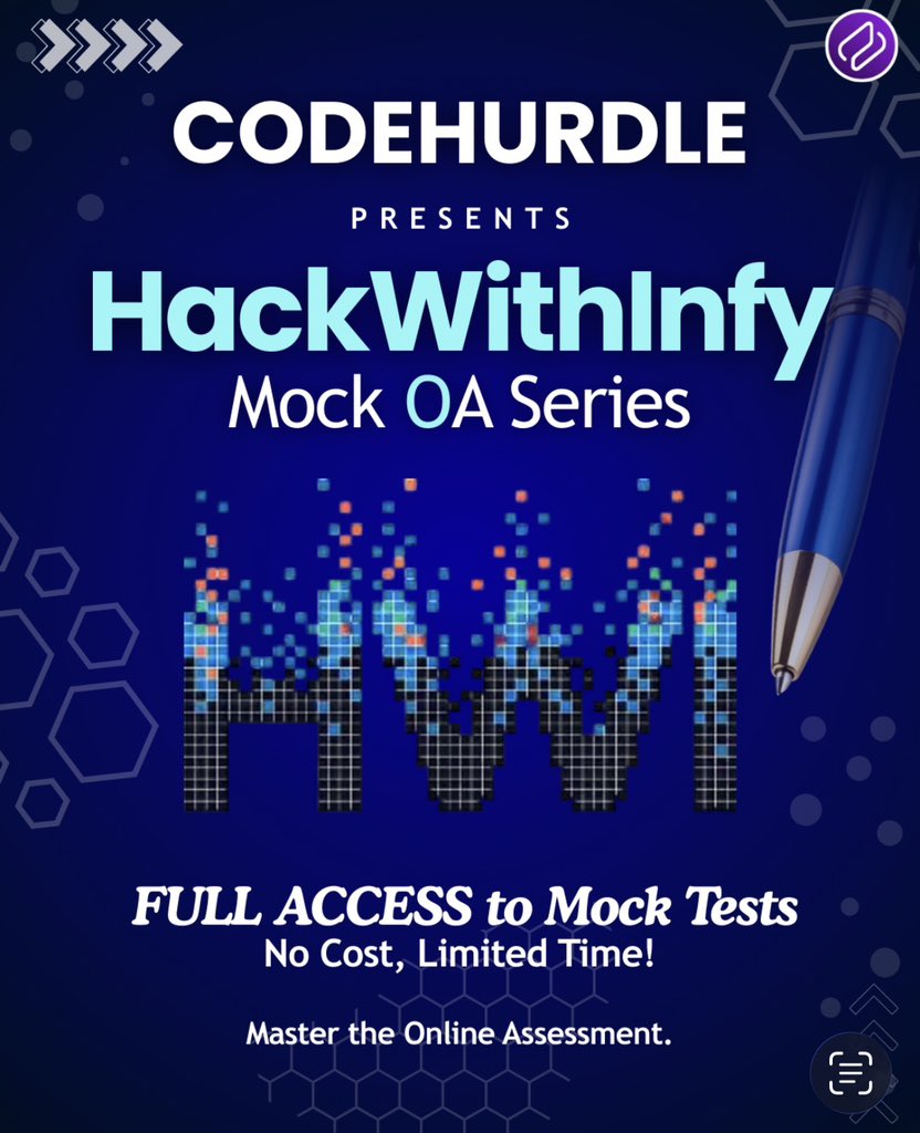 Codehurdle13's tweet photo. HackWithInfy 2026 Aspirants

We are launching the HackWithInfy 2026 Mock OA Series on CodeHurdle.

• 2 Previous Year HackWithInfy Questions
• 1 Question at actual HackWithInfy difficulty
• Real exam-like environment
• Free for limited time

Don’t just prepare. Practice at the right level.

Visit https://t.co/3rw4vMZzWi → Mock OA Section

#HackWithInfy2026 #MockOA #PlacementPreparation #DSA #Coding