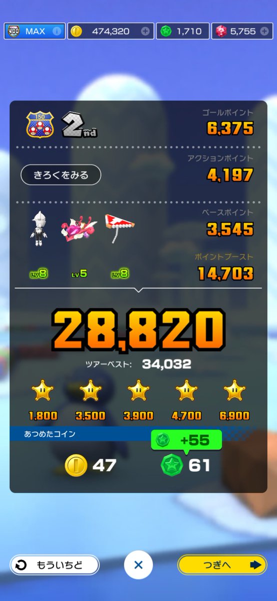 メダルがっぽりは190枚！(80+55+55) 1レース目はスクショ忘れてました