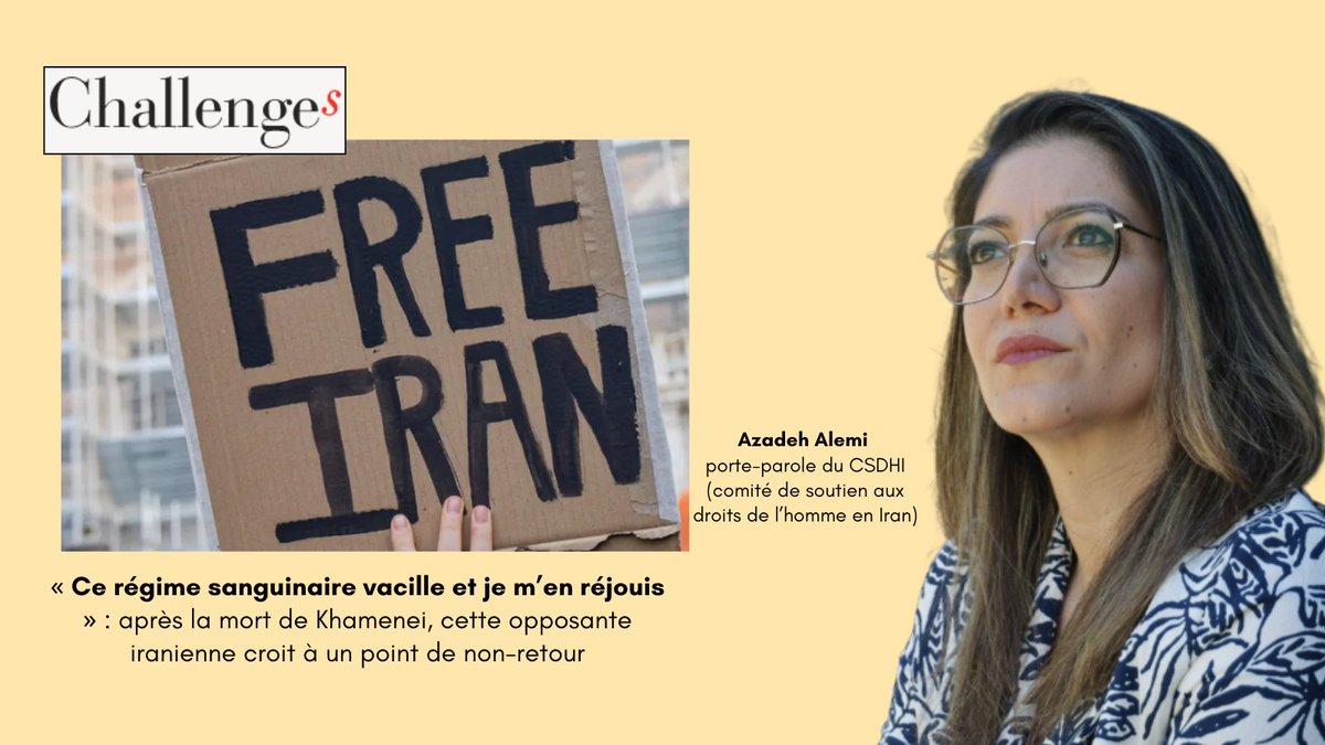 Porte-parole du CSDHI (comité de soutien aux droits de l’homme en Iran) <a href="/AlemiAzadeh/">AZADEH ALEMI</a> dans <a href="/Challenges/">Challenges</a> 
Article: « Ce régime sanguinaire vacille et je m’en réjouis » : après la mort de Khamenei, cette opposante iranienne croit à un point de non-retour
challenges.fr/monde/ce-regim…