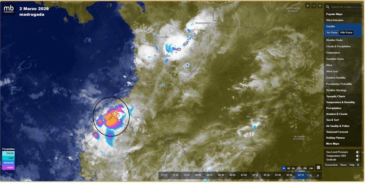 Las lluvias más fuertes caen a esta hora de la madrugada sobre la frontera entre Nariño y el Ecuador, al sur de Tumaco y Barbacoas. Pero, tambien llueve en el magdalena medio al norte de La Dorada y sobre la vertiente hacia el Magdalena del departamento de Boyacá