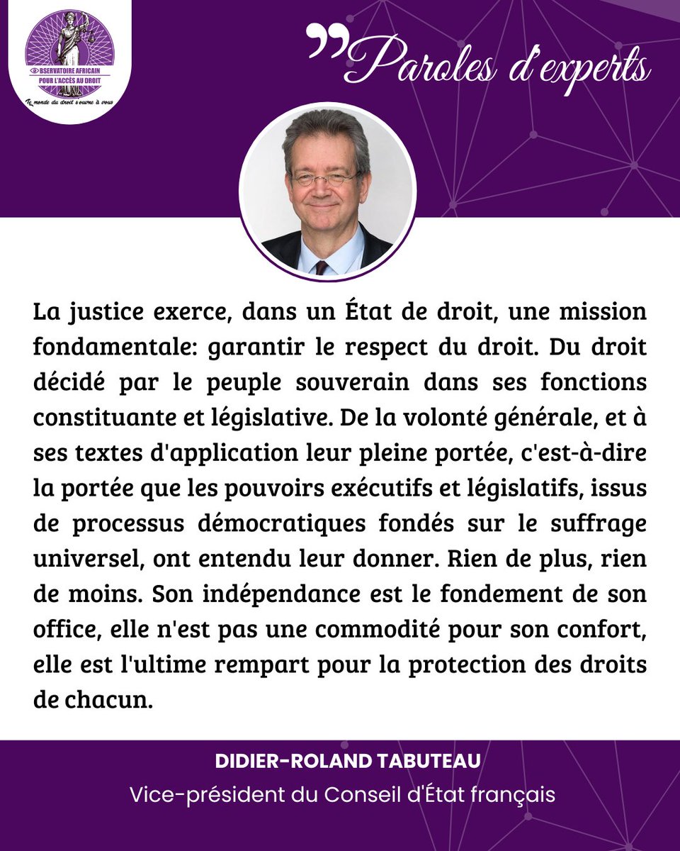 obsafricad's tweet photo. |🎙️ Paroles d'experts|
« La justice est la gardienne des droits et libertés, car elle veille, en toute indépendance, au respect de la volonté générale exprimée par la loi.»
✍🏾Didier-Roland TABUTEAU
#ÉtatdeDroit
#IndépendancedelaJustice
#Volontégénérale
#ProtectionDesDroits https://t.co/afPFJEFYiD