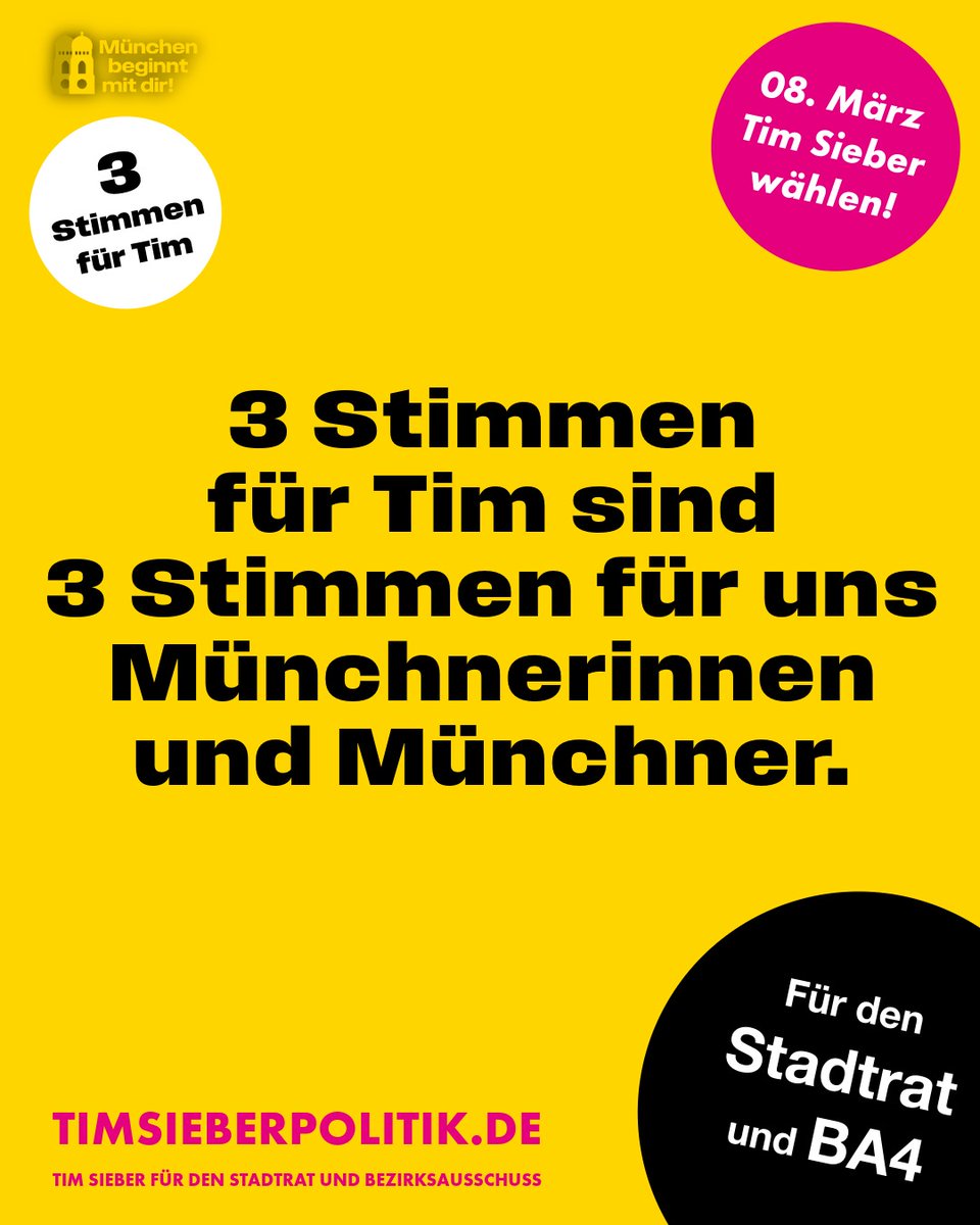 timsieber's tweet image. Warum sind 3 Stimmen für Tim Sieber so wichtig? Weil es um unser München geht. 🏙️
Am 8. März 2026 entscheiden wir, ob Politik wieder für die Bürger da ist.
3 Stimmen für den Stadtrat. 3 Stimmen für den BA 4 Schwabing-West.
Jede Stimme zählt. 💪
 #Kommunalwahl2026 #FDP #TimSieber
