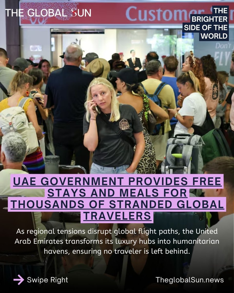 NewsGlobalSun's tweet photo. A SANCTUARY FOR ALL. 🇦🇪🛡️
In a historic humanitarian move, the UAE government is now paying for the hotel stays and food of thousands of travelers stranded due to regional conflict. 🏨🥘 From DXB to AUH, the world is witnessing a masterclass in compassion. 🛡️✨ https://t.co/1U12N4qdsY