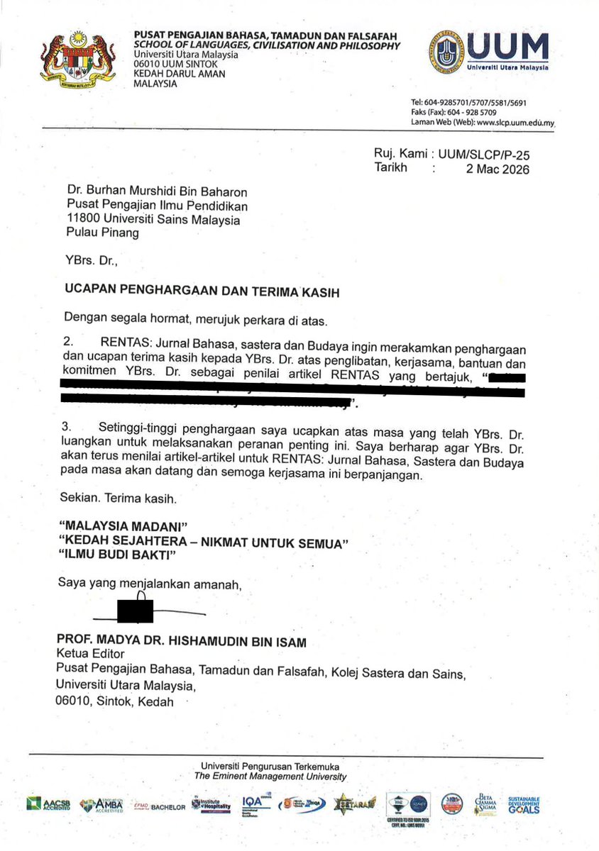burhanbaharon's tweet photo. Alhamdulillah, saya telah menyempurnakan tanggungjawab sebagai penilai bagi manuskrip yang dihantar ke jurnal RENTAS, UUM. https://t.co/3aq3UDcgGr