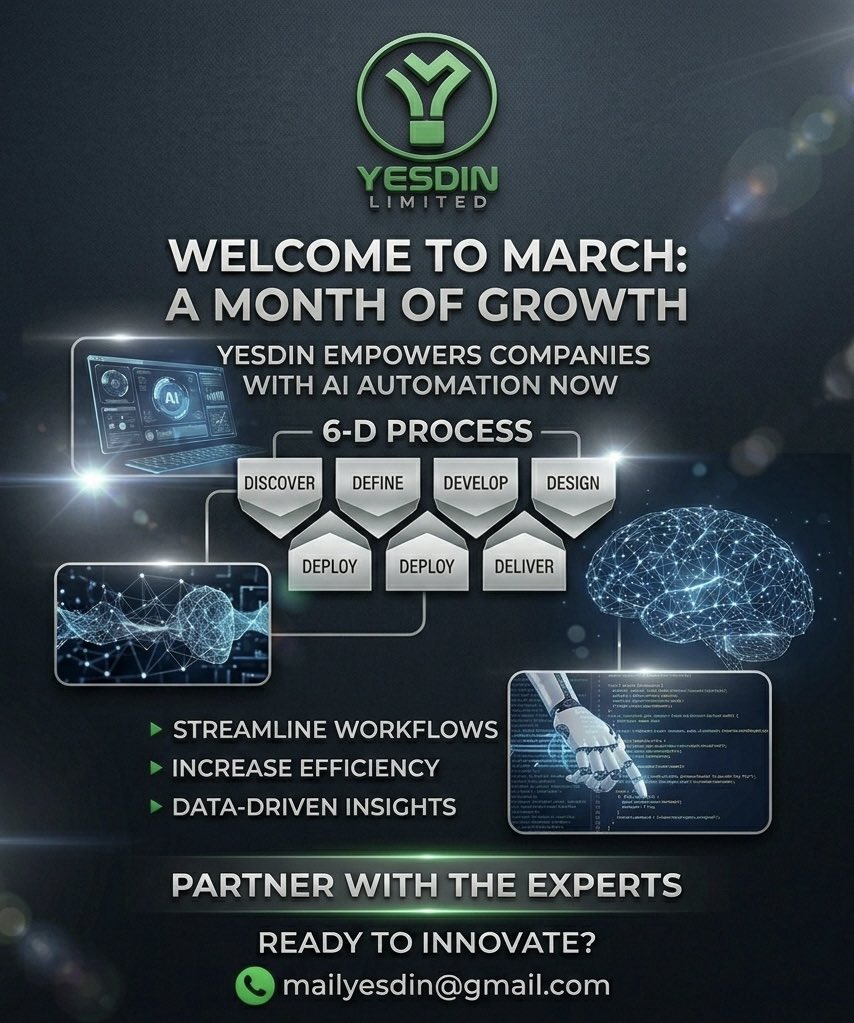Hello March! Let’s Automate Your Success. 🤖✨

A new month is the perfect time to audit your workflow. Why work 24/7 when AI can handle the heavy lifting?
At Yesdin, we empower businesses with cutting-edge AI automation tools designed to:
✅ Streamline Workflows!!!