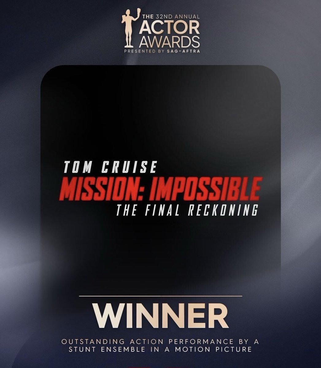 Congratulations! #MissionImpossible - The Final Reckoning won Best Stunt Ensemble in a Motion Picture at the #ActorAwards.
