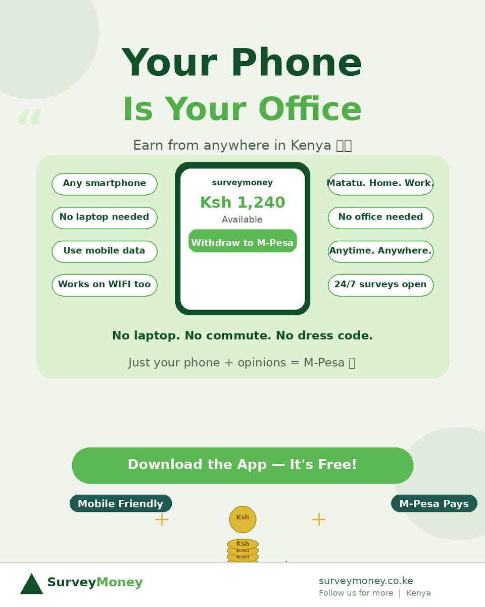 digital_kenyan's tweet photo. Turn your phone into a money-making machine 💸 Try https://t.co/NUUOtICgKE

Earn anywhere, anytime in Kenya with just your phone and opinions. No commute, no hassle. Download the app and start withdrawing to M-Pesa today! 🌍

#EarnWithYourPhone #KenyaJobs #MPesaPays https://t.co/YG8t6RN4sv