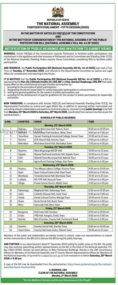 The National Assembly has announced public hearings on the Public Participation Bill, 2025 (NA Bill No. 44), set for 23–28 March 2026 across multiple counties.

The Bill seeks to formalize how public participation is conducted, including clear guidelines, responsible entities,