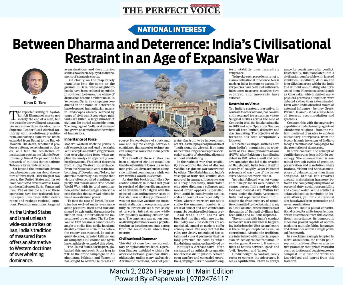 kirantare's tweet photo. The #Hindu philosophy could be a guiding force during the #IranWar . While conflict is acknowledged as inevitable in human affairs, yet #India 's civilisational aim has always been restoration and never annihilation.
https://t.co/8lL2HePJ6O
#Iran #IsraelIranWar #IranIsraelWar https://t.co/vHEfFWhSSa