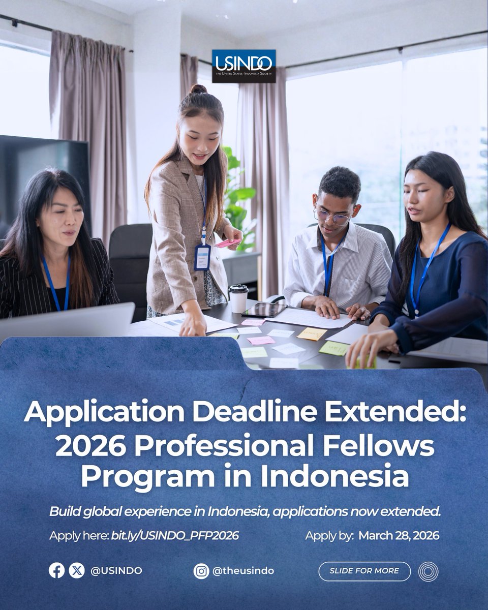 USINDO's tweet photo. The deadline has been extended for the 2026 Professional Fellows Program in Indonesia. Applications are now due March 28, 2026.

#USINDO #ProfessionalFellowship https://t.co/qd0Ki3zb7B