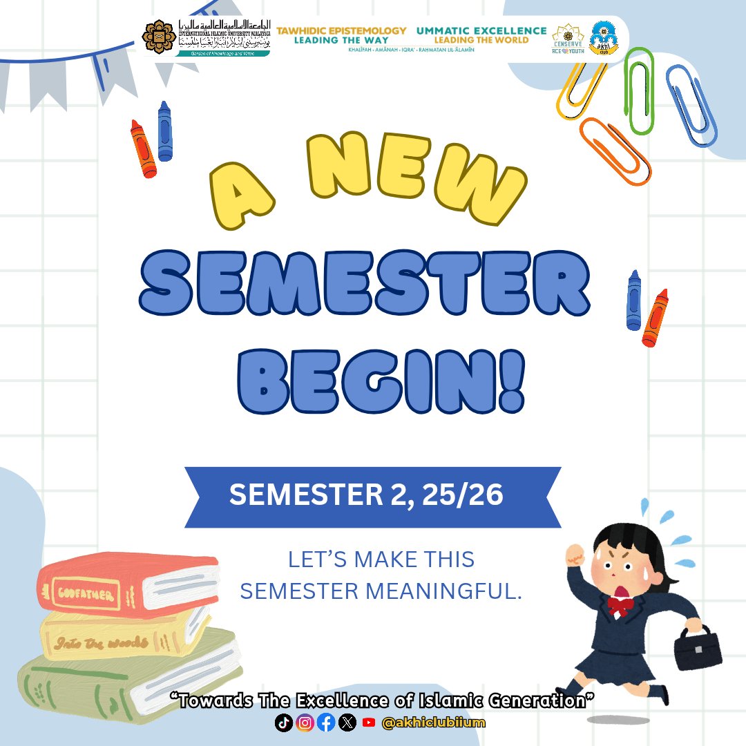 || WELCOMING NEW SEMESTER || ✨
 As we step into Semester 2, 25/26, let this be the moment to realign our intentions and strengthen our commitment.

This semester, let us:
📚 Strive for excellence in knowledge
🤝 Strengthen our unity and teamwork
🌙 Grow with sincerity.