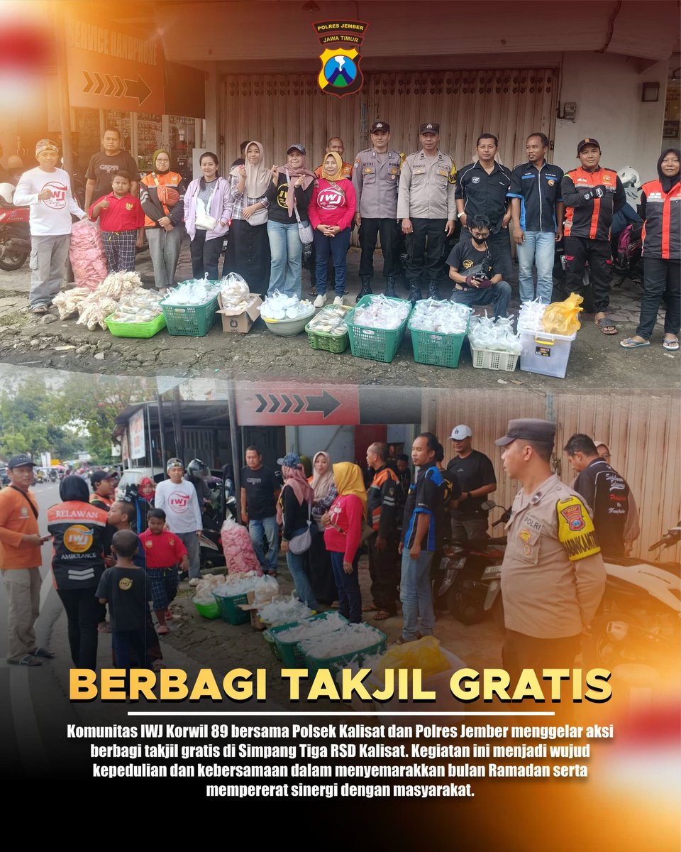 Komunitas IWJ Korwil 89 Kalisat bersama Polsek Kalisat Polres Jember Berbagi Takjil gratis di Simpang Tiga RSD Kalisat.