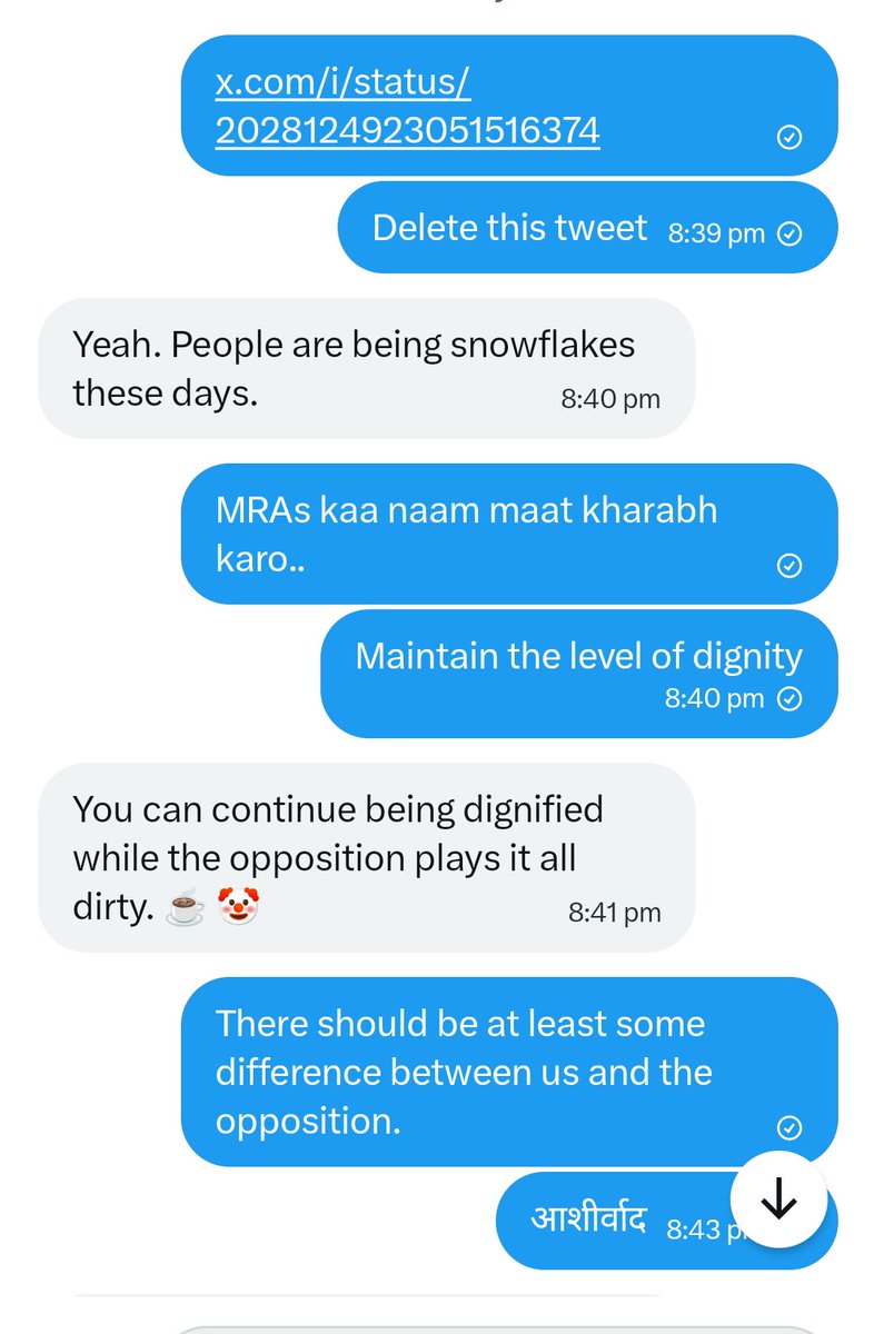 imra_mra's tweet photo. I cannot control everyone. But for the notifications that come to my attention, I try to ensure that indecent language is not used.
We #MRAs are fighting a different kind of battle, in which there is no need for us to stoop to the level of our opponents.
This gentleman deleted his tweet at my request, but he became quite upset with me.
आशीर्वाद......!