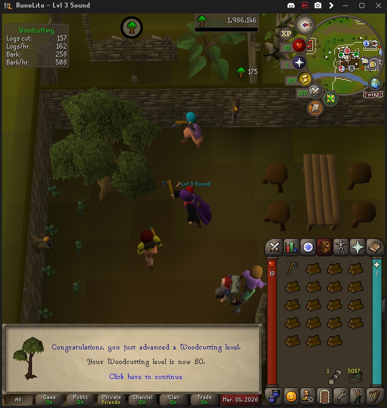 Soundjgb's tweet photo. 80 woodcutting and 74 firemaking. How long has it been since you've leveled up firemaking with a tinderbox and logs? I can tell you why it's not done.... but it is a tried and true method.... Dx
Oh yeah and 950 total level on the skiller. Meh.
#firemaking
#woodcutting
#osrs https://t.co/ep2GnNof8q