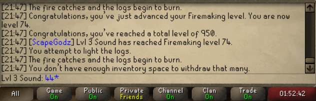 Soundjgb's tweet photo. 80 woodcutting and 74 firemaking. How long has it been since you've leveled up firemaking with a tinderbox and logs? I can tell you why it's not done.... but it is a tried and true method.... Dx
Oh yeah and 950 total level on the skiller. Meh.
#firemaking
#woodcutting
#osrs https://t.co/ep2GnNof8q