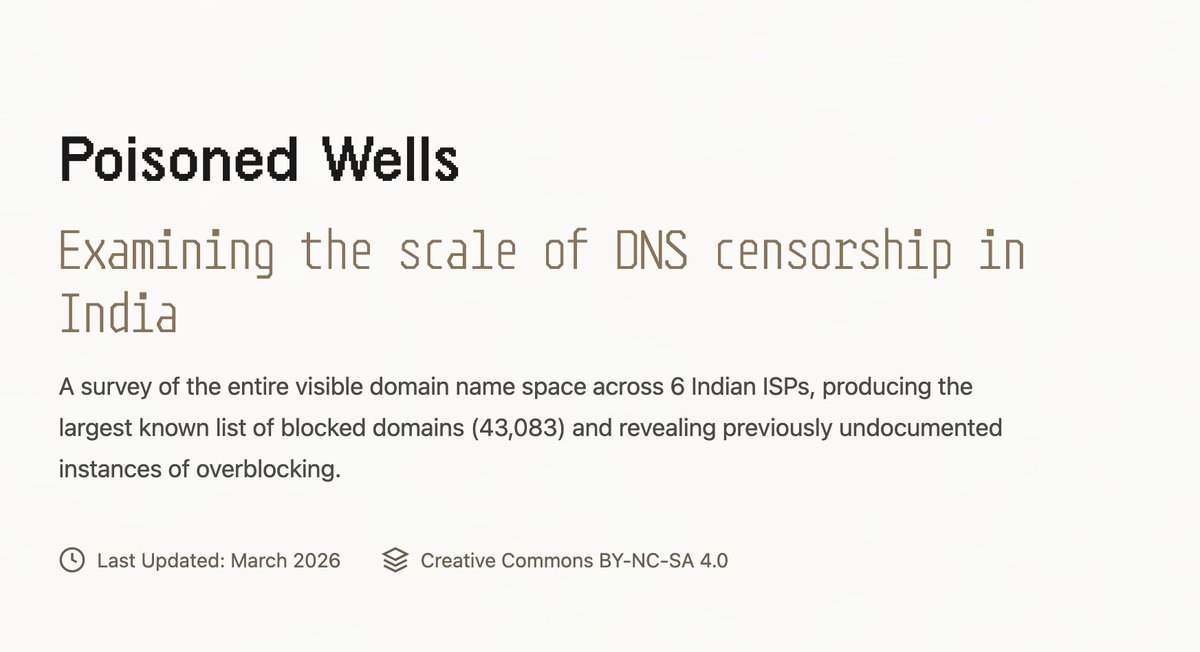 Excited to share “Poisoned Wells,” which presents the largest point-in-time study of website blocking in India to date. I tested the blocking of 294 million apex domains across six Indian ISPs, sending 1.76 billion DNS queries in total.