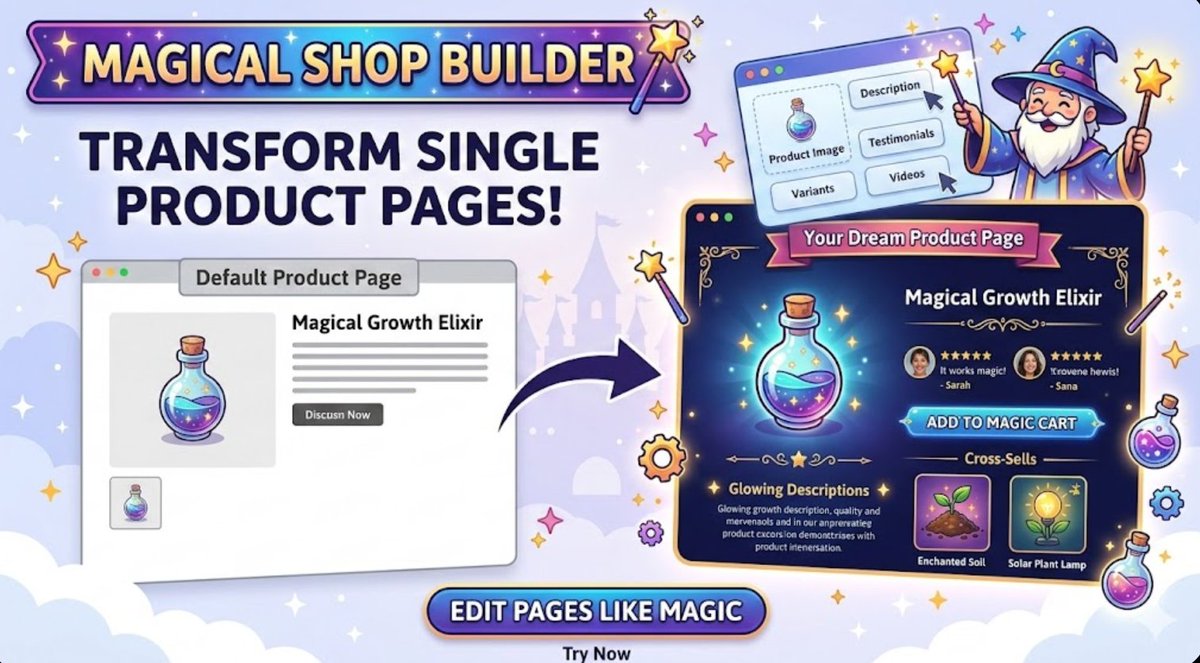 nnalam50's tweet photo. ✨ Boring product pages = lost sales. Break the spell! 🪄

Introducing Magical Shop Builder: The drag-and-drop editor for WooCommerce product pages.

Customize everything without code: 🌟 Add Testimonials 🛍️ Design Cross-Sells and more.
It’s magic. Look: https://t.co/mKESbIW3tR https://t.co/rN2bhNaw60