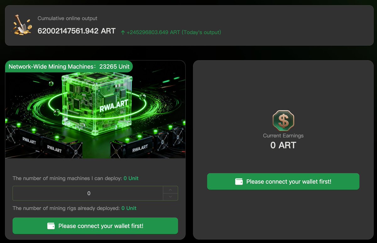 RwaArtInc's tweet photo. https://t.co/PscLoF5DUW Mining Network Update
📊 Cumulative Output: 62B+ ART
⚙️ Network Mining Machines: 23,265 Units
🔥 Today’s Output: +245M ART
The network keeps growing.
Production keeps accelerating.
On-chain momentum is building.
Connect. Deploy. Earn.
#RWAART #ARTToken #Mining #Web3
