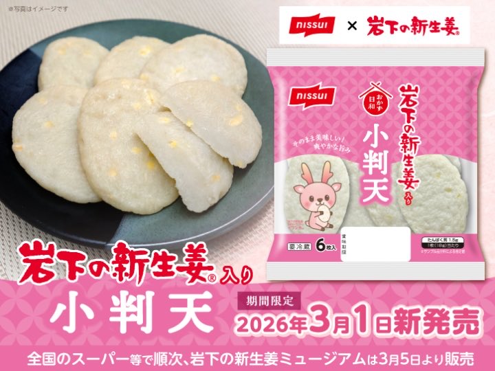 shinshoga's tweet photo. ★【新商品】ニッスイから「岩下の新生姜入り小判天」を3月1日から期間限定で新発売！岩下の新生姜ミュージアムは3月5日販売開始 ～岩下の新生姜が爽やかに香る白いさつま揚げ～｜岩下食品 https://t.co/9ey0l8CM9I https://t.co/W6WFU8gTsI