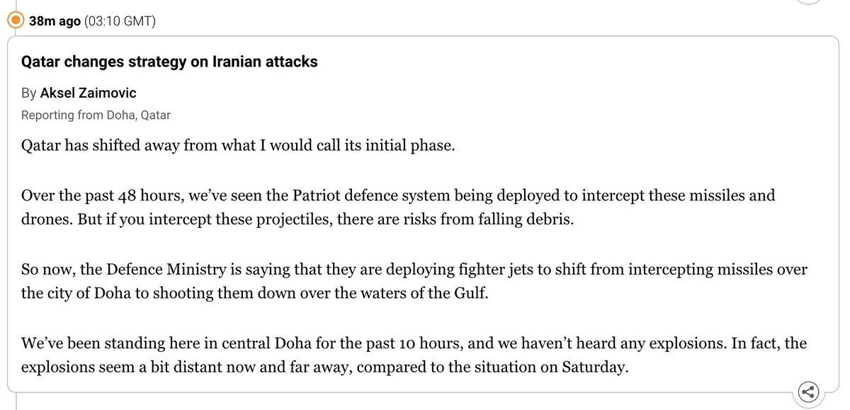cpaschyn's tweet photo. Waking up after another quiet night in Doha, and now we have confirmation as to why. As I suspected yesterday, Al Jazeera has confirmed that Qatar is using fighter jets to take down Iranian missiles before they even reach Doha skies, thereby avoiding falling debris on civilians. https://t.co/72yi3xbRW9