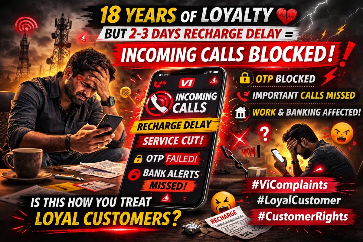vineshben's tweet image. 18 YEARS with the same number.

No network change. Pure loyalty.

But 2–3 days recharge delay = INCOMING CUT immediately?
Even OTPs blocked?

Is this how you treat long-term customers?

@ViCustomerCare @VodafoneIdea
#VI #CustomerRights #LoyalCustomer #TelecomIssues