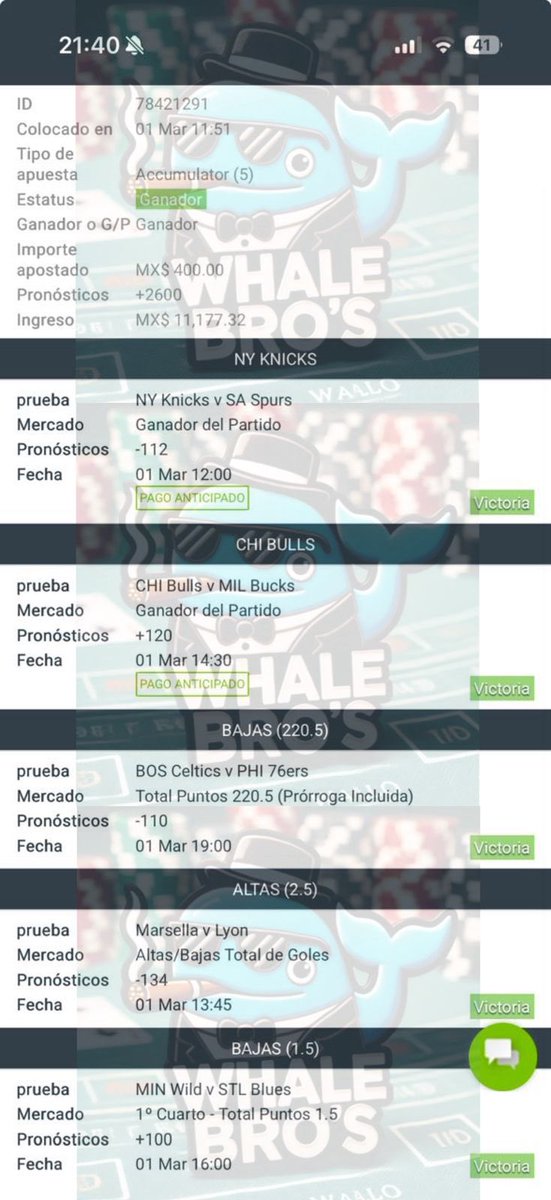 ABRÁCENSE BALLENATOS, LO LOGRAMOS JUNTOS 🥹❤️

💰Parlay +2,600 WIN ✅✅✅
💰 De $400 para $11,127 ✅✅✅

SE VIENE RIFA ENTRE TODAS LAS INTERACCIONES DE ESTE POST, SI DAS RT Y FOLLOW PARTICIPAS AL DOBLE 🤑

SÚBANSE A LA BALLENETA AÚN HAY LUGARES 🐳❤️🔥
