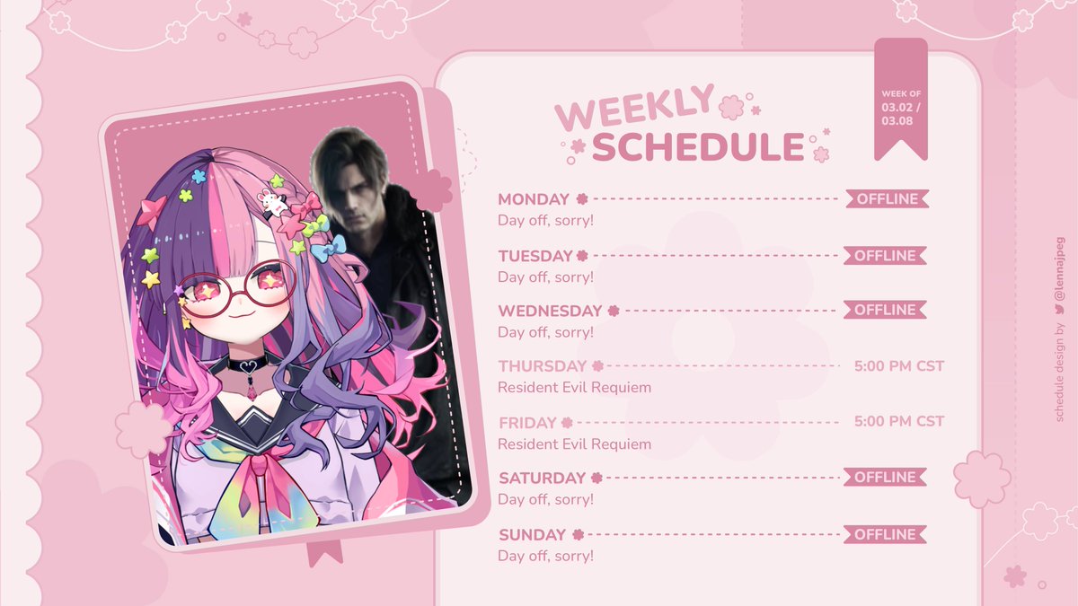 Schedule for the week~💜!

WE'RE PLAYING RESIDENT EVIL REQUIEM LETS GOOOOOOOO (I waited 20 billion years for this)

Art: #/Raineart
Clips: #/Deliaclips