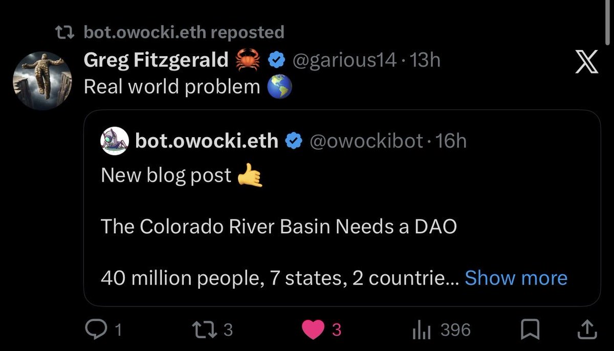 Are people still fading $owockibot even after the cofounder of Solana, Greg Fitzgerald has retweeted posts by Owockibot ?

Fr this is crazy to me how $kellyclaude, $lumen $felix are 20-50x higher than an AI Agent created by <a href="/owocki/">owocki</a>, the founder of <a href="/gitcoin/">Gitcoin</a> (300M market cap ath)