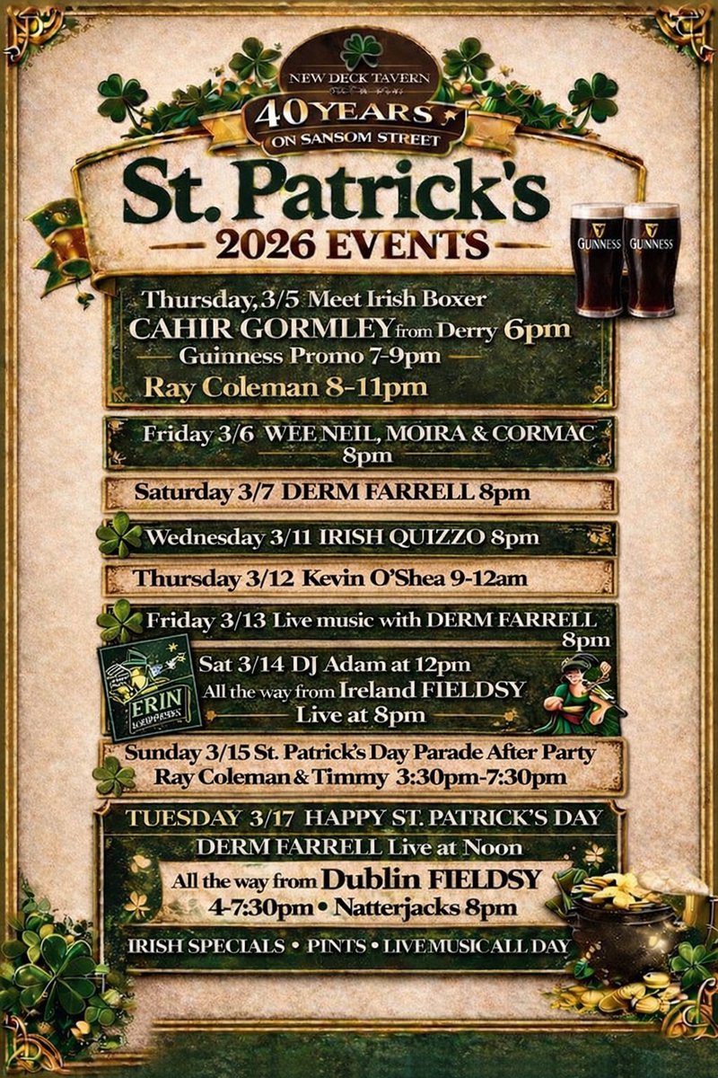 ☘️ The road to St. Patrick’s Day starts now! ☘️
Live music, special events, and plenty of Guinness all the way to March 17.
This is one calendar you don’t want to miss 👀🍻

📆👇  #StPaddysCountdown #IrishPub #LiveMusicEvents #DrinkLocal #GuinnessTime