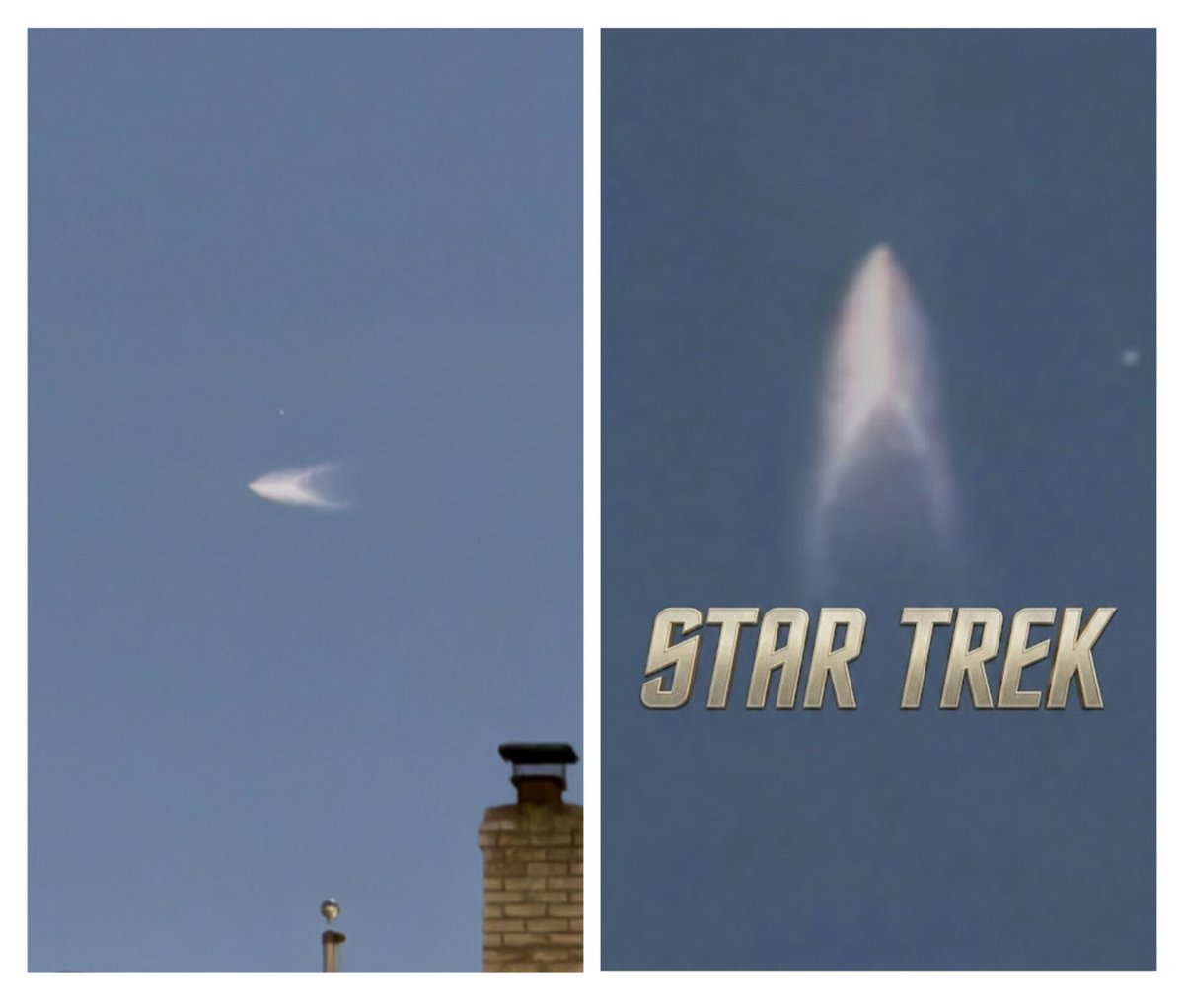 cdauphin's tweet photo. My brother grabbed a shot from Philly of the Falcon 9 launch tonight, and we thought it looked familiar 🤔 @elonmusk did you engineer your plumes to look like the @StarTrek logo? 🖖 https://t.co/gxkiUBqaar
