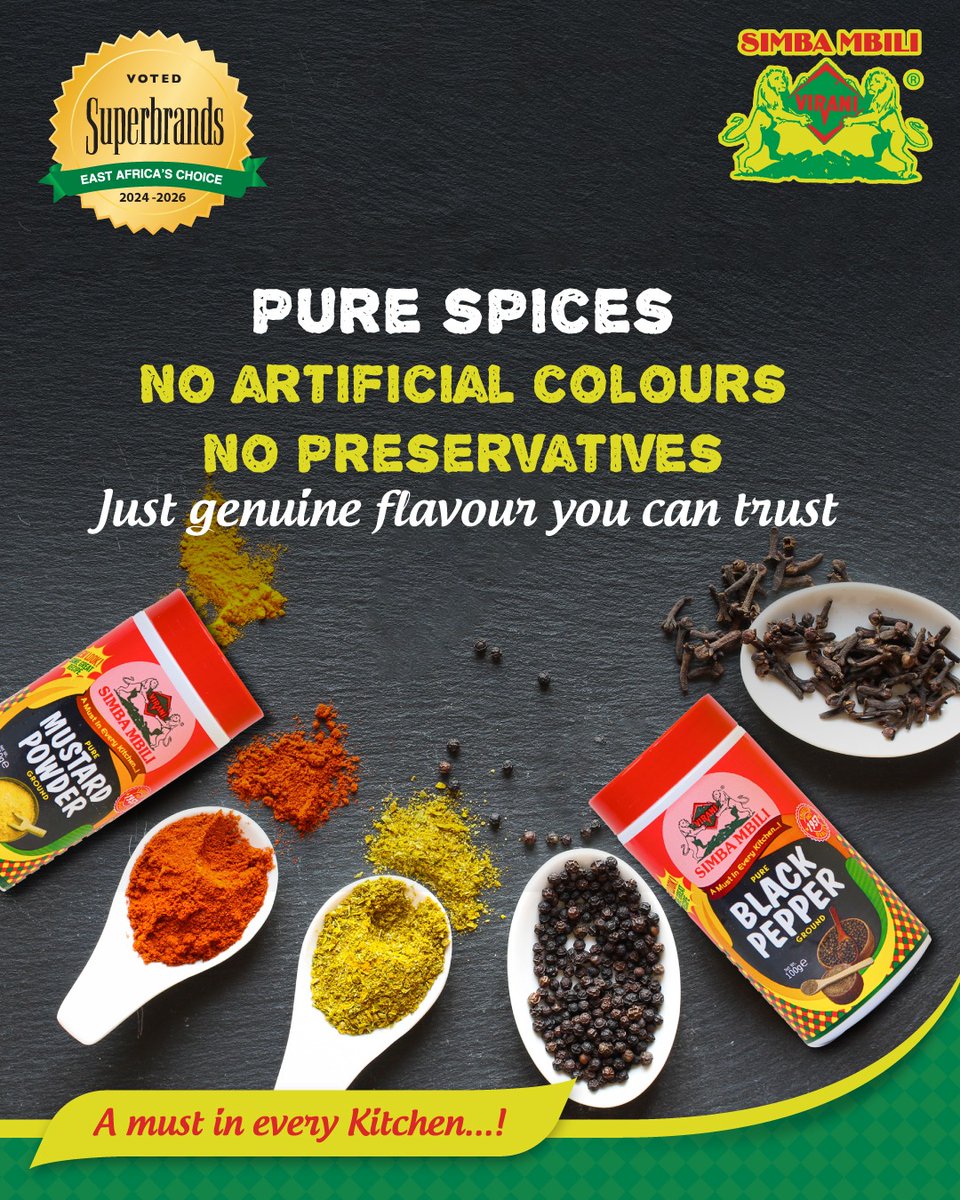 simbambilispice's tweet photo. True flavour doesn’t need shortcuts. At Simba Mbili, we blend pure spices with care — no artificial colours, no preservatives, just genuine taste backed by KEBS-certified quality. That’s our heritage.
#SimbaMbili #PureFlavour #QualityYouTrust #NoShortcuts #SpiceHeritage https://t.co/AunMLrX29f