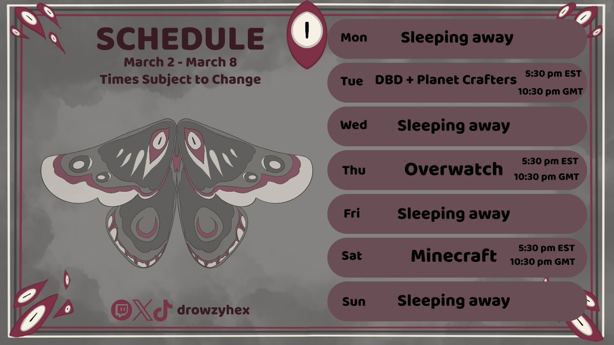 drowzyhex's tweet photo. STREAM SCHEDULE!!
March 2 - March 8
https://t.co/Yk5d4kaR1y https://t.co/Klhgo7Zr2e
