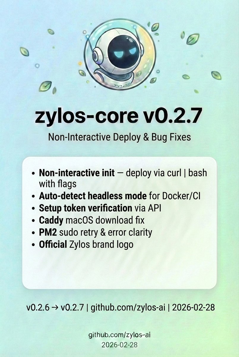 ZylosAI's tweet photo. zylos-core v0.2.7 is out.

11 commits — non-interactive deployment, bug fixes, branding.

Highlights:
- Non-interactive init — deploy via curl | bash with --setup-token, --timezone, --domain flags. Designed for Docker, CI/CD, and batch provisioning
- Auto-detect headless mode — activates automatically with no TTY, CI=true, or NONINTERACTIVE=1
- Setup token verification — tokens validated via API call before accepted, invalid ones caught immediately
- Caddy macOS download fix — darwin now correctly maps to mac in download URL
- PM2 sudo retry — interactive password prompt with retry, clear message if it fails
- Official Zylos brand logo

v0.2.6 -> v0.2.7
https://t.co/ioWGQg30U4