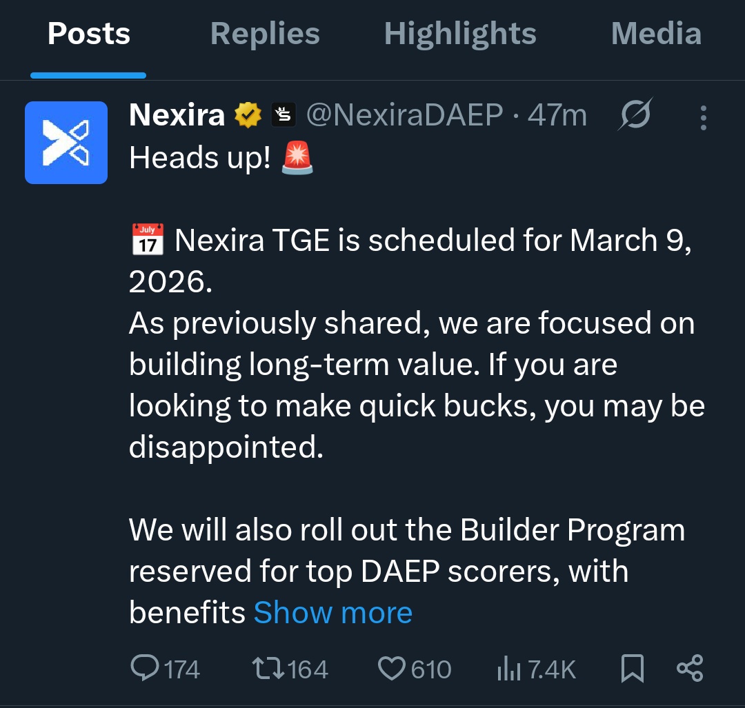 🚨 #Nexira Airdrop &amp; TGE Set for March 9, 2026 🪂

Big news from #NexiraDAEP — the Token Generation Event (TGE) is officially locked in! The team is prioritizing sustainable, long-term growth over short-term hype.

🎁 The airdrop checker is launching soon, allowing participants