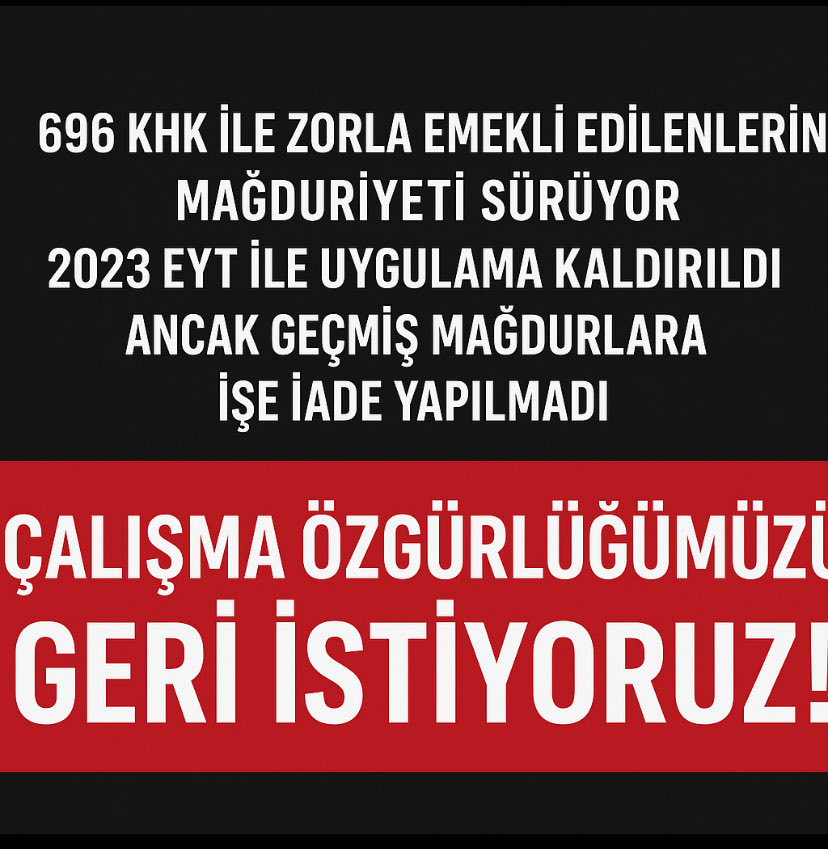 #ZorunluEmekliyeİşeİadeHakkı 696 KHK  ile KAMUDA işçiler isteği dışında ZORUNLU EMEKLİ edildi. 03.03.2023 de bu hüküm kaldırıldıysa Yasal Bir Düzenleme ile İŞE İADEMİZİ İSTİYORUZ..
<a href="/RTErdogan/">Recep Tayyip Erdoğan</a> <a href="/dbdevletbahceli/">Devlet Bahçeli</a> 
<a href="/isikhanvedat/">Prof. Dr. Vedat Işıkhan</a> 
<a href="/turkiskonf/">TÜRK-İŞ</a> 
<a href="/hakiskonf/">HAKİŞ KONFEDERASYONU</a>