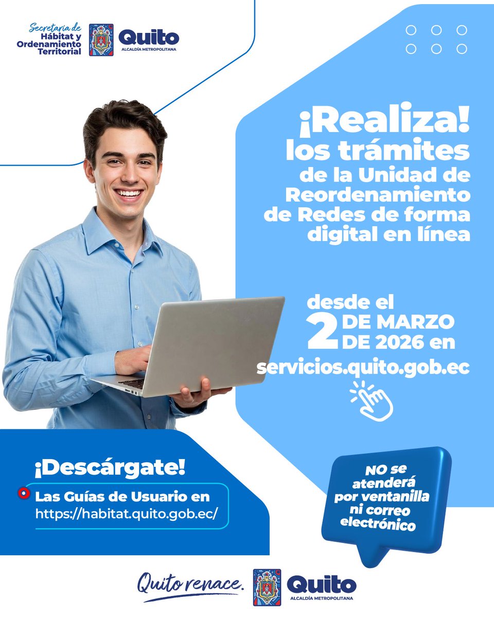 habitatdequito's tweet photo. 🌇 #EspacioPúblicoParaTodos | Desde el 2 de marzo de 2026, estos trámites serán 100% digitales:

•  Autorización acometidas soterradas
•  LMU 40-A
•  Certificado de Finalización del Proyecto Técnico

Conoce cómo hacer estos trámites, aquí👉🏼 https://t.co/PYMwXSD6Ig
#QuitoRenace https://t.co/7MghUDYvGY