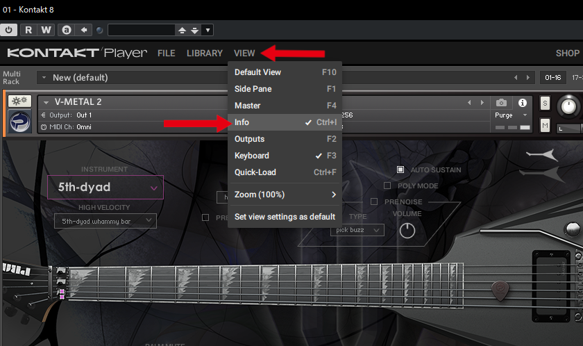 HozoOkazaki's tweet photo. Prominy音源のMIDI CC、マニュアルの対応表を何度も見直すのは大変ですよね？

① KONTAKTの「VIEW」→「Info」を有効に
② UIのスイッチやタブ等にカーソルを置く

これだけでKONTAKTの画面一番下に「どのCC#で動くか」とその設定値が表示されます。
#DTM #Prominy #KONTAKT https://t.co/PZzonEINtl
