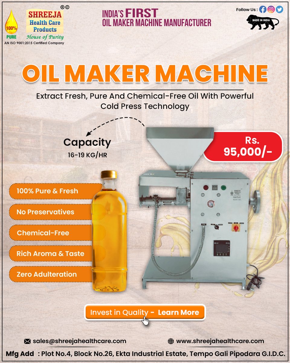 shreejahealth's tweet image. 🛢️ Extract Fresh. Pure. 
Introducing the Oil Maker Machine by Shreeja Health Care Products India’s First ✨
📩sales@shreejahealthcare.com
🌐shreejahealthcare.com
#shreejahealthcare #oilmakermachine #coldpressoil #chemicalfreeoil #healthyliving #startupbusiness #makeinindia