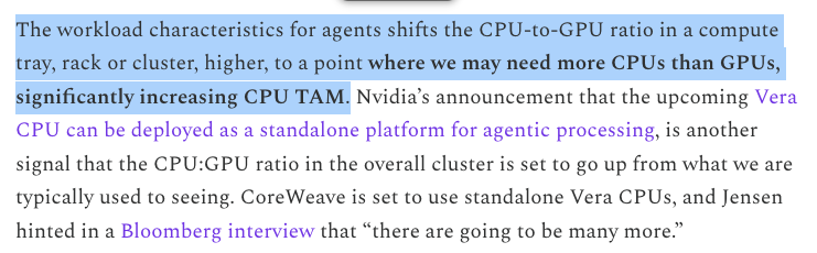 vikramskr's tweet photo. In a recent post, I pointed out this foundational shift coming in the world of agentic AI, and how CPU:GPU ratio will flip from where it is today.

Today, its more like 1:2 or 1:4, the future may see this flip to 2:1. Some agentic workloads can entirely run on CPUs. No GPUs required.

The datacenter world is just waking up to this with the recent agentic explosion, but will take 12-18 months to manifest in the industry.