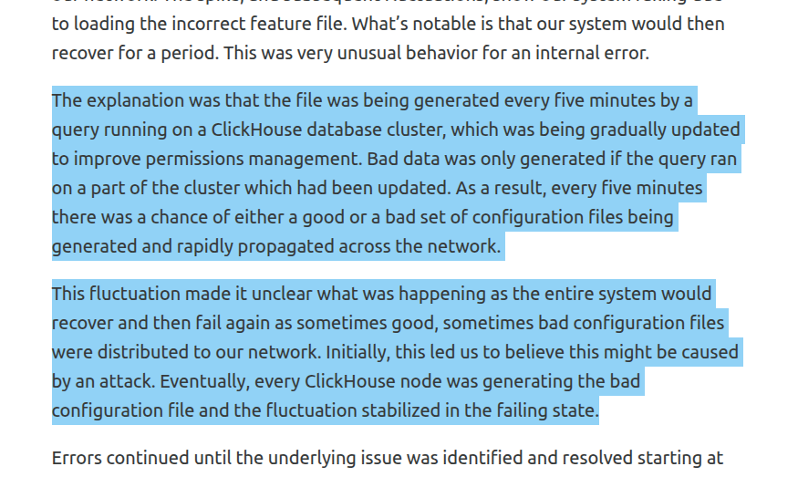 thedeceptio's tweet photo. The Cloudfare outage on 18th November was because of a Clickhouse issue!. 

Apparently not everyone can tame the beast 🤓 https://t.co/UPUdKxDQe8